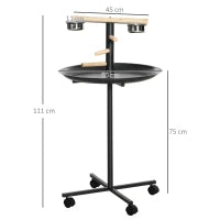 Posatoio per pappagalli su piedistallo, con 4 ruote e 2 ciotole, in acciaio inox, Ø 60 x 111 cm, Grigio