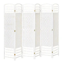 Separatore Ambienti 6 Pannelli Pieghevoli 242L x 170H cm Legno Di Pioppo Bambù Fibre Di Carta Intrecciata Bianco Paglia