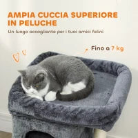 Torre per Gatti Fino a 7 kg con 2 Casette e Lettino, Palo in Sisal e Rivestimento Peluche, Grigio Scuro