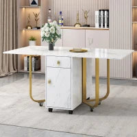 Tavolo da cucina versatile e pieghevole con ruote, con credenza e 2 cassetti, 150x80x76 cm, Bianco e Oro