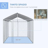 Kennel per Cani in Metallo Galvanizzato con Tettuccio in Tessuto Oxford e Porta con Blocco, 400x230x232cm, Argento