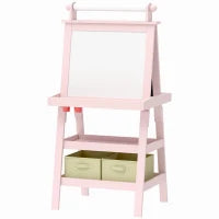 Lavagna per Bambini con Cavalletto 3 in 1, Rotolo di Carta e 2 Contenitori, in Legno, 59x48x118 cm, Rosa