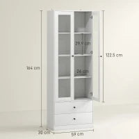 Credenza Cucina con Armadietto e 2 Cassetti, Ante in Vetro e Ripiani Regolabili, 59x30x164 cm, Bianco