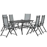 Set da Giardino 7 Pezzi con Tavolo da Pranzo con Foro per Ombrellone e 6 Sedie Pieghevoli, Grigio