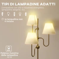 Lampada da Terra Alta 165 cm con 3 Punti Luce e Interruttore a Pedale, Attacco E27 Max 40W, Oro