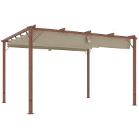 Gazebo Pergola con Tetto Retrattile, Picchetti e Viti, in Poliestere e Alluminio, 382x300x232 cm, color Legno