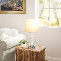 Lampada da Tavolo con Cristalli e Porta USB, in Metallo, Vetro e Poliestere, Ø23x45 cm, Bianco e Argento