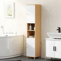 Colonna Bagno con 2 Armadietti e Ripiani Aperti, Mensole Interne Regolabili, 30x30x166 cm, Bianco e Legno