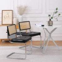 Set di 2 sedie da pranzo in rattan, schienale in rete senza braccioli, gambe in metallo cromato, Nero