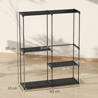 Armadio Guardaroba con 2 Aste e 4 Ripiani, in Tessuto non Tessuto, Plastica e Acciaio, 142x43x185 cm, Nero