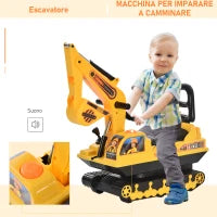 Escavatore Ruspa Giocattolo Cavalcabile per Bambini max. 30 kg con Schienale, Braccio Mobile e Vano Contenitore, 78x24x58.5cm