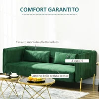 Divano 3 Posti Moderno con Cuscini Imbottiti, Gambe in Acciaio e Tessuto Vellutato, 200x88x76 cm, Verde