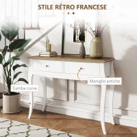 Tavolo Consolle Moderno con 2 Cassetti in Legno, 100x35x76.5 cm, Bianco e Marrone Scuro