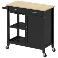 Carrello Cucina Classico con Cassetti, Ruote e Armadietto 2 Ante Salvaspazio 89x40x84cm, Nero