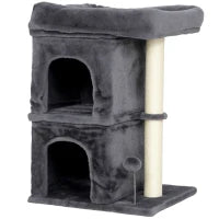 Torre per Gatti Fino a 7 kg con 2 Casette e Lettino, Palo in Sisal e Rivestimento Peluche, Grigio Scuro