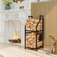 Portalegna in Metallo a 2 Livelli con 4 Ganci per Attrezzi 34x30x80 cm Nero