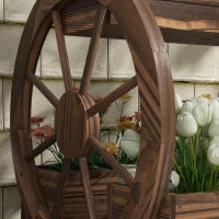 Fioriera in Legno da Esterno a 2 Livelli con 3 Vasi e Ruote di Carro Stile Country, 64x54x60cm