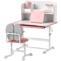 Set Scrivania e Sedia per Bambini Regolabili, Banco Scuola con Piano Inclinabile, Cassetto, Scaffale, Rosa