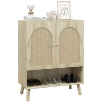 Mobile Multiuso in Stile Boho con Ante in Rattan e Ripiano Aperto, 80x38x100cm, Rovere