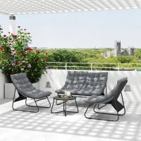 Set di Mobili da Giardino per 4 Persone con 2 Sedie, 1 Divano a Due Posti, 1 Tavolino con Piano in Vetro, Cuscini Spessi, Telaio in Acciaio, per Terrazza, Grigio