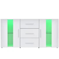 Credenza Moderna con LED Multicolore, 3 Cassetti e 2 Armadietti, Ampio Spazio, per Soggiorno e Cucina, 140x35x70 cm, Bianco