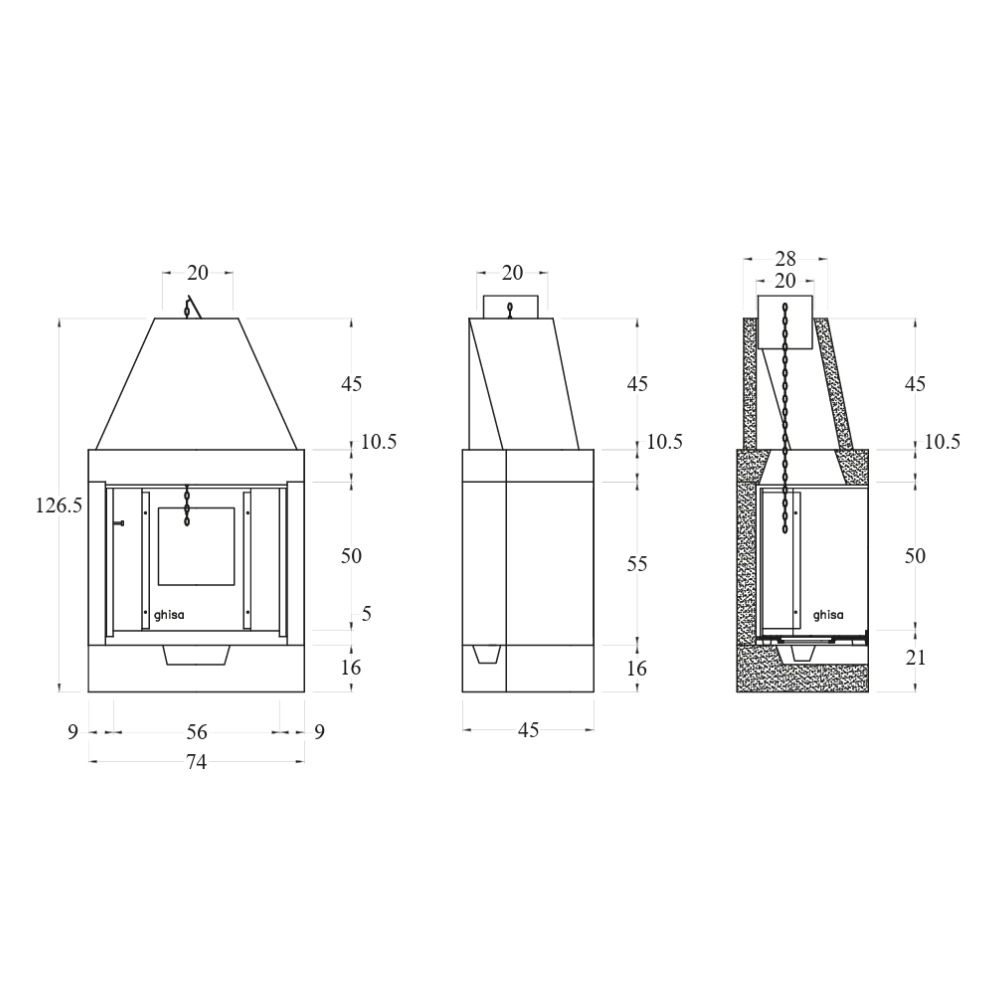 Camino a legna prefabbricato in ghisa con focolare aperto m80tgh riscaldamento