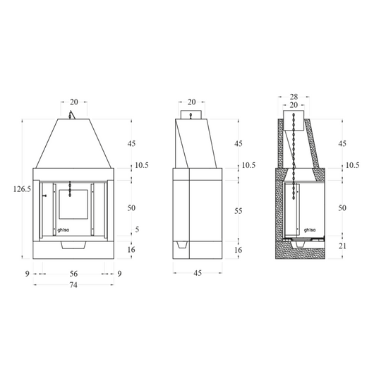 Camino a legna prefabbricato in ghisa con focolare aperto m80tgh riscaldamento