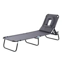Sedia Sdraio da Esterno Pieghevole con Foro per il Viso e Cuscini, Lettino Prendisole da Giardino, Spiaggia e Campeggio, Grigio