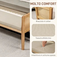 Panca Fondo Letto Boho con Seduta Imbottita e Braccioli in Legno e Rattan, 120x38x61.5cm, Crema