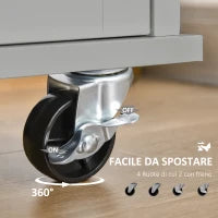 Carrello da Cucina Multiuso in Legno con 2 Cassetti, 3 Antine e 4 Ruote 121x46x91cm, Grigio