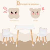 Set Tavolino con 2 Sedie per Bambini a Forma di Orsetto in Legno, Bianco
