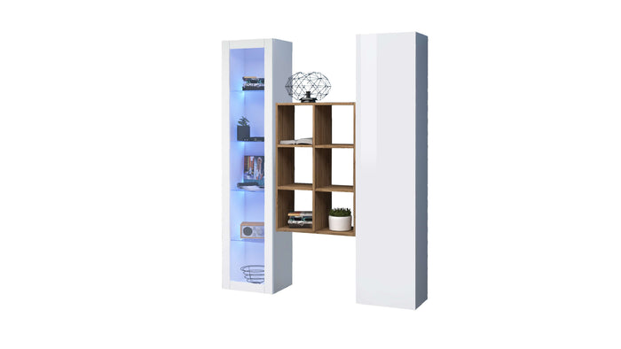 Parete attrezzata soggiorno bianca con vetrina libreria e armadio Teret WH