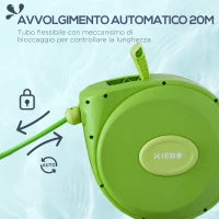 Outsunny Avvolgitubo da Giardino Retrattile con Tubo dell'Acqua 20 m, Rullo Avvolgitubo da Parete Girevole a 180°, Avvolgitubo Automatico Tubo da Giardino per Irrigazione in plastica, Verde