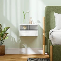 Comodino Sospeso per Camera da Letto con Cassetto e Ripiano Aperto in Legno, 35x32x22.5 cm, Bianco