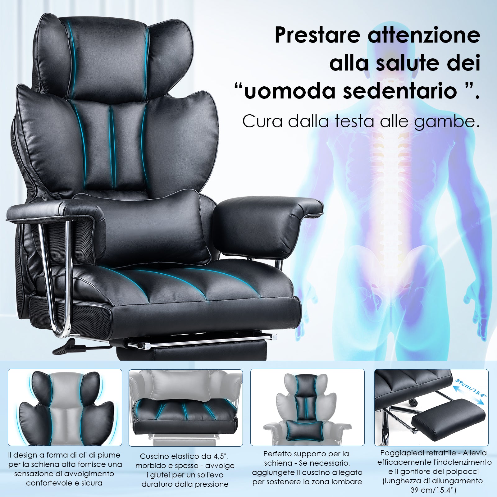 Sedia da Ufficio - RATTANTREE - Poltrona presidenziale - Sedia Girevole con Schienale Alto in Pelle, con Poggiatesta, Bracciolo e Poggiapiedi Retrattile - Nero