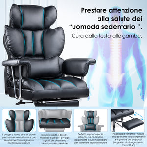 Sedia da Ufficio - RATTANTREE - Poltrona presidenziale - Sedia Girevole con Schienale Alto in Pelle, con Poggiatesta, Bracciolo e Poggiapiedi Retrattile - Nero