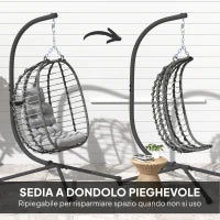 Sedia Sospesa in Rattan a Uovo con Cuscino e Poggiatesta, Altezza Regolabile e Seduta Richiudibile, Grigio