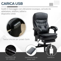 Sedia da Ufficio Massaggiante in Similpelle con Presa USB, 64x69x107-115cm, Nero