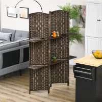 Paravento da 4 Pannelli 160 x 170 cm, Separatore di Ambienti con 2 Mensole, Pieghevole, in Legno, Marrone