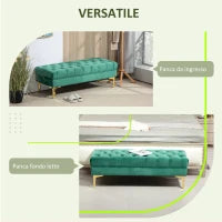 Panca Fondo Letto Imbottita con Rivestimento Trapuntato in Tessuto Effetto Velluto, 118x45x42 cm, Verde Scuro