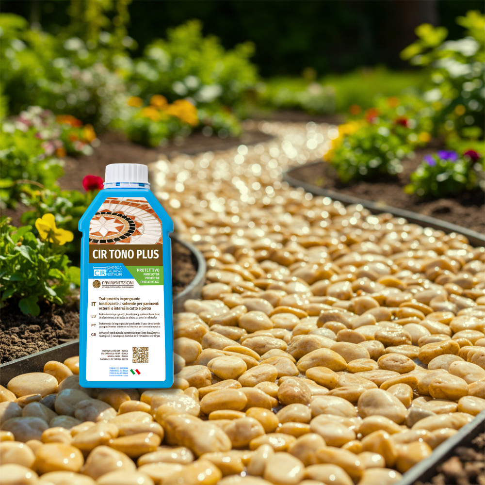 Ciottoli giallo siena effetto bagnato brillante con protettivo cir tono plus *** misura 25/40, formato 5 kg + 1 l, co...