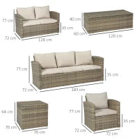 Set da Giardino 6 Pezzi in Rattan con Divani, Poltrone e Tavoli Contenitore, Beige