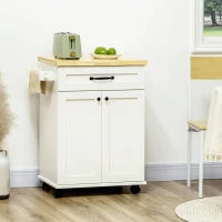 Carrello da cucina a rotelle multi-ripiani 1 cassetto 1 armadio 1 portasciugamani bianco e piano in legno