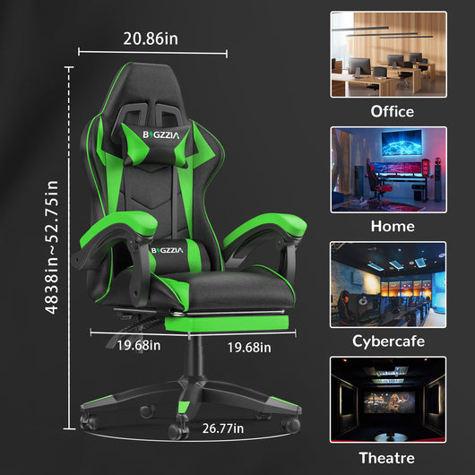Sedia Gaming con Poggiapiedi Telescopico - RATTANTREE - Sedie da gamer con Cuscino Lombare & Poggiatesta- Schienale Regolabile 90-155° - Verde