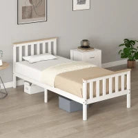 Letto Singolo in Legno, 210x98x82 cm, Legno Naturale e Bianco