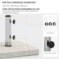 Base per Ombrellone da Giardino 25kg per Pali da Ø32mm, Ø38mm e Ø48mm, in Granito e Acciaio Inox, 38x38x38 cm, Grigia