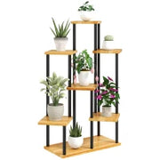 Supporto per Piante a 7 Livelli per Interno ed Esterno, Scaffale Piante in Acciaio e Legno, Legno Naturale