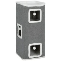 Torre per Gatti con 3 Casette, 3 Palline e Posatoio, in Legno, Tessuto e Peluche, 41x41x100 cm, Grigio e Bianco