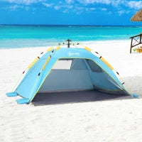 Tenda da Spiaggia Pop Up con Porta a Cerniera, in Poliestere e Fibra di Vetro, 220x173x120 cm, Blu Chiaro e Giallo