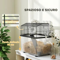 Gabbia per Criceti a 2 Piani con Ruote, Tubi, Ciotola, Bottiglia e Rampa, 58x43x57 cm, Nero